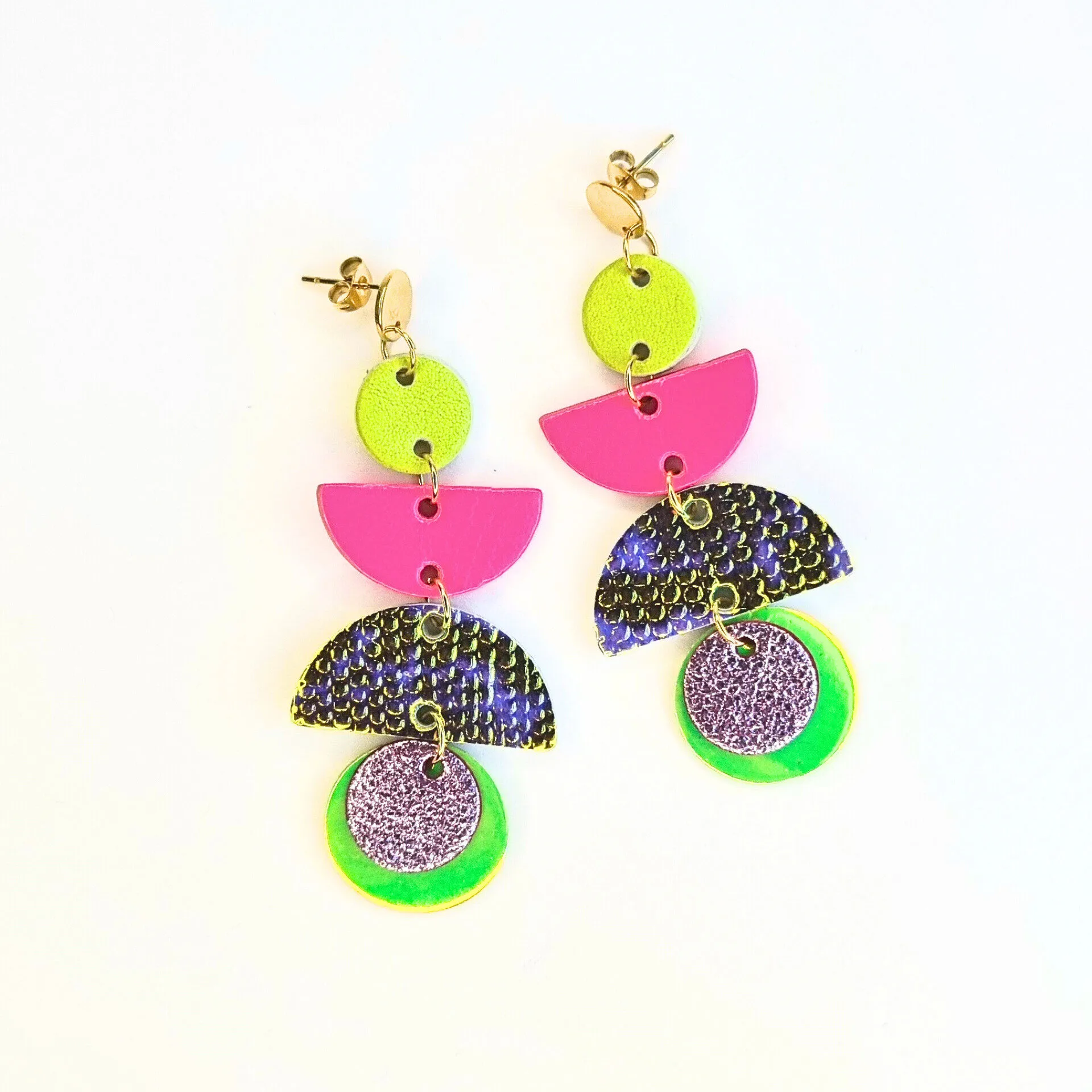 Pink, Yellow and Lilac Circle and Semi-Circle Earrings