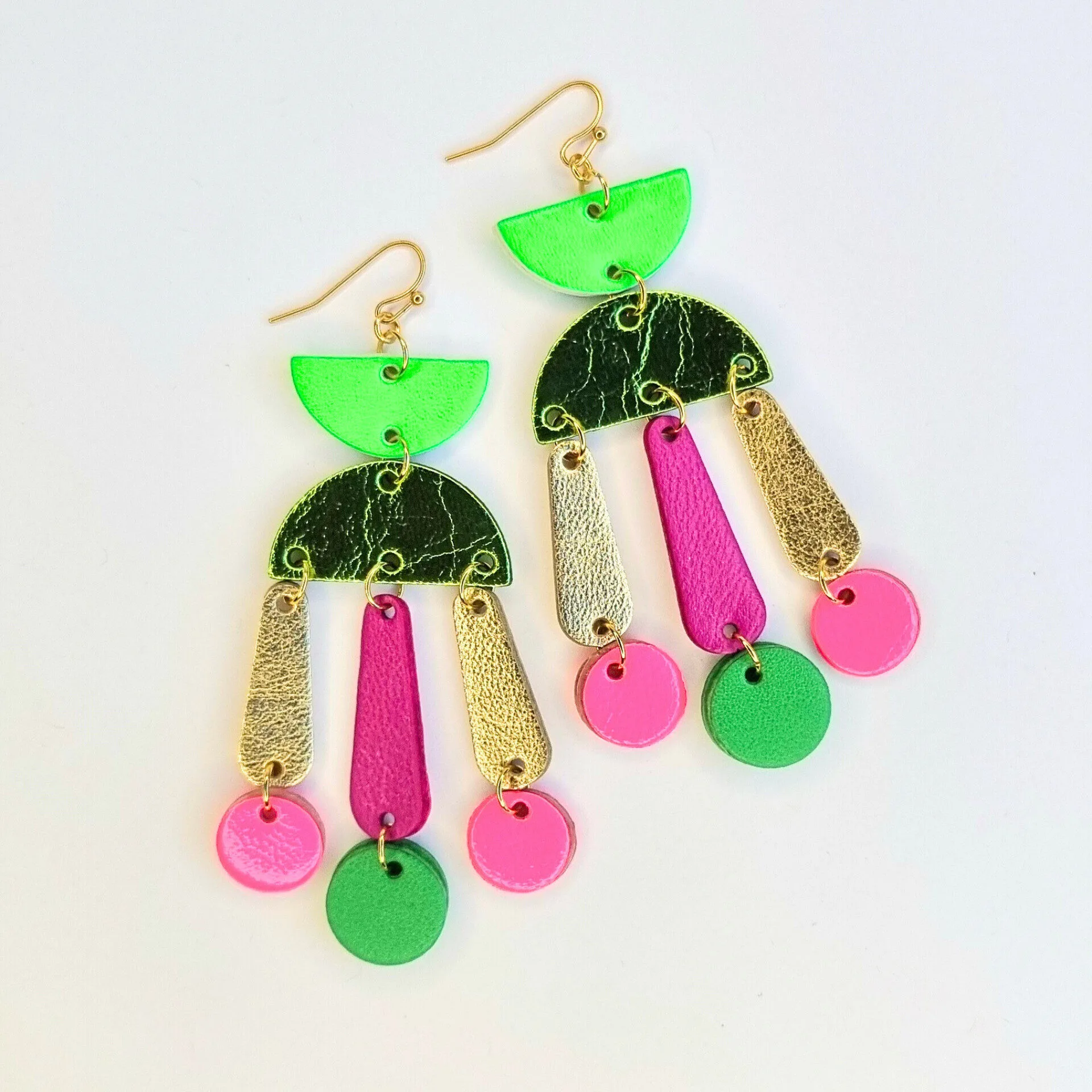 Green, Pink and Gold Dangly Earrings