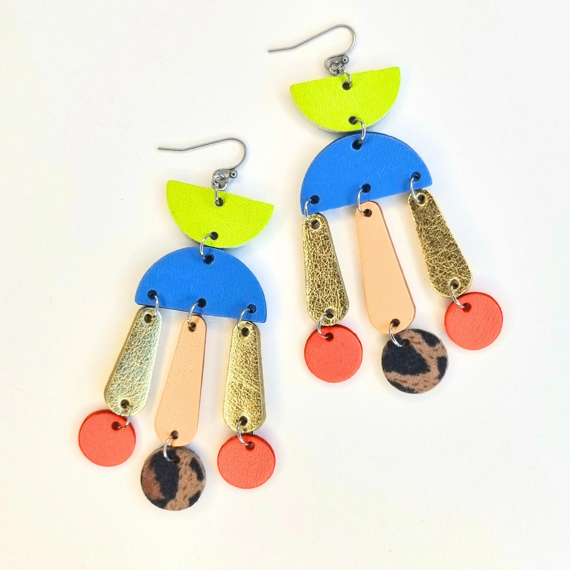 Neon Yellow, Blue and Red Dangly Earrings