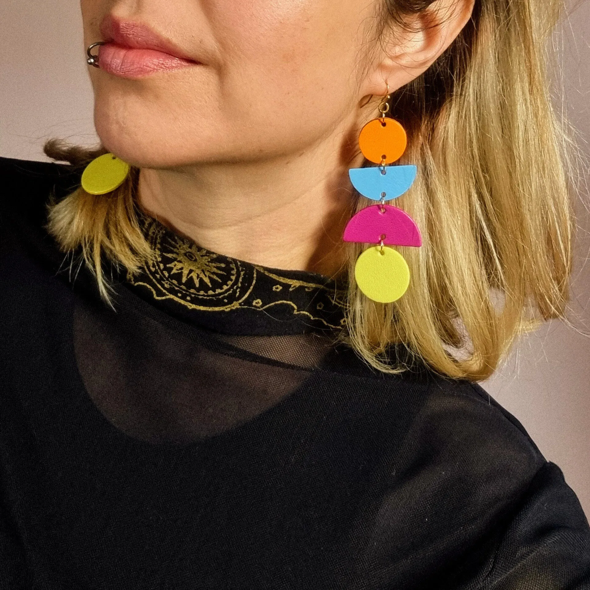 Orange, Blue, Pink and Yellow Dangly Jumbo Earrings - Image 3