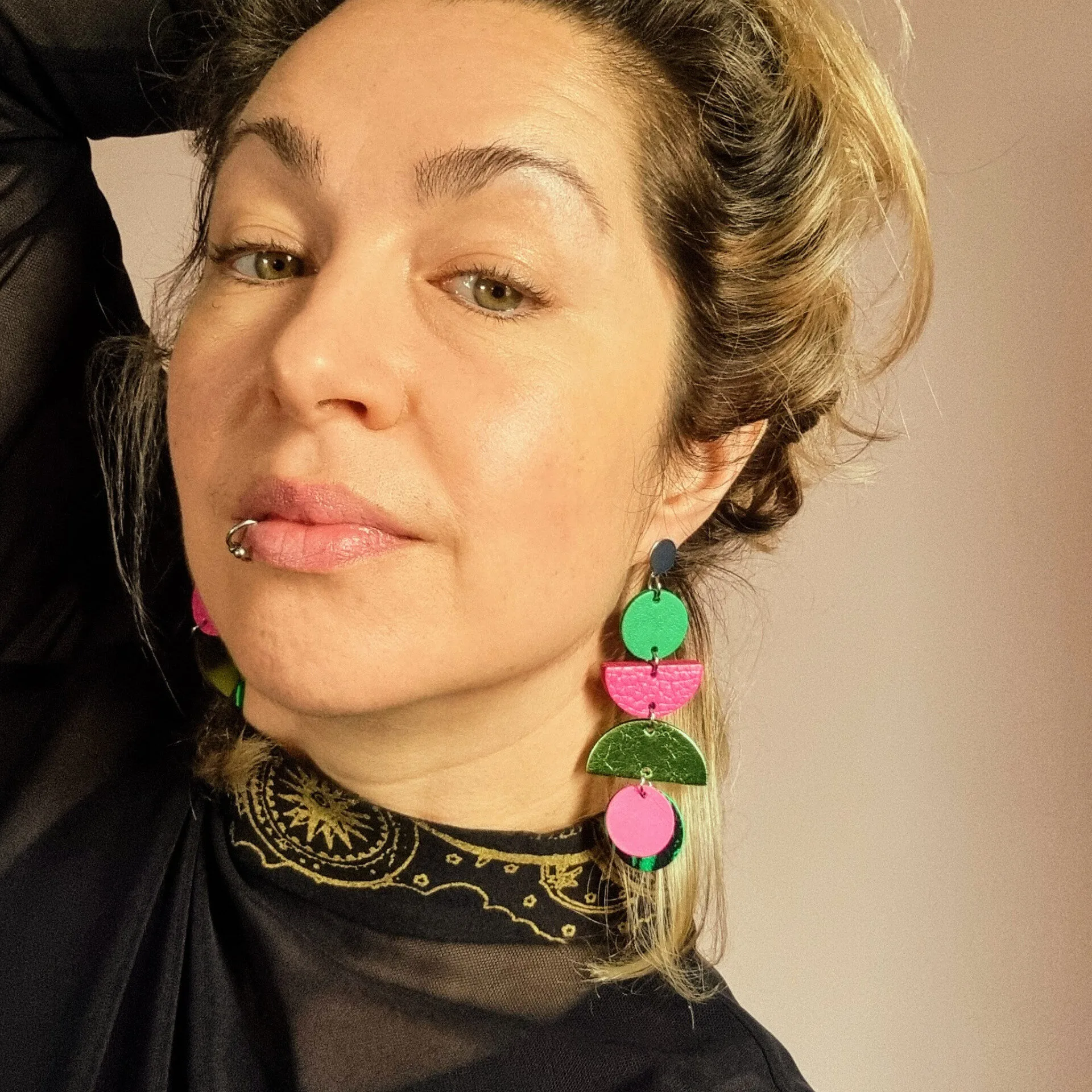 Greens and Pinks Dangly Jumbo Earrings - Image 3